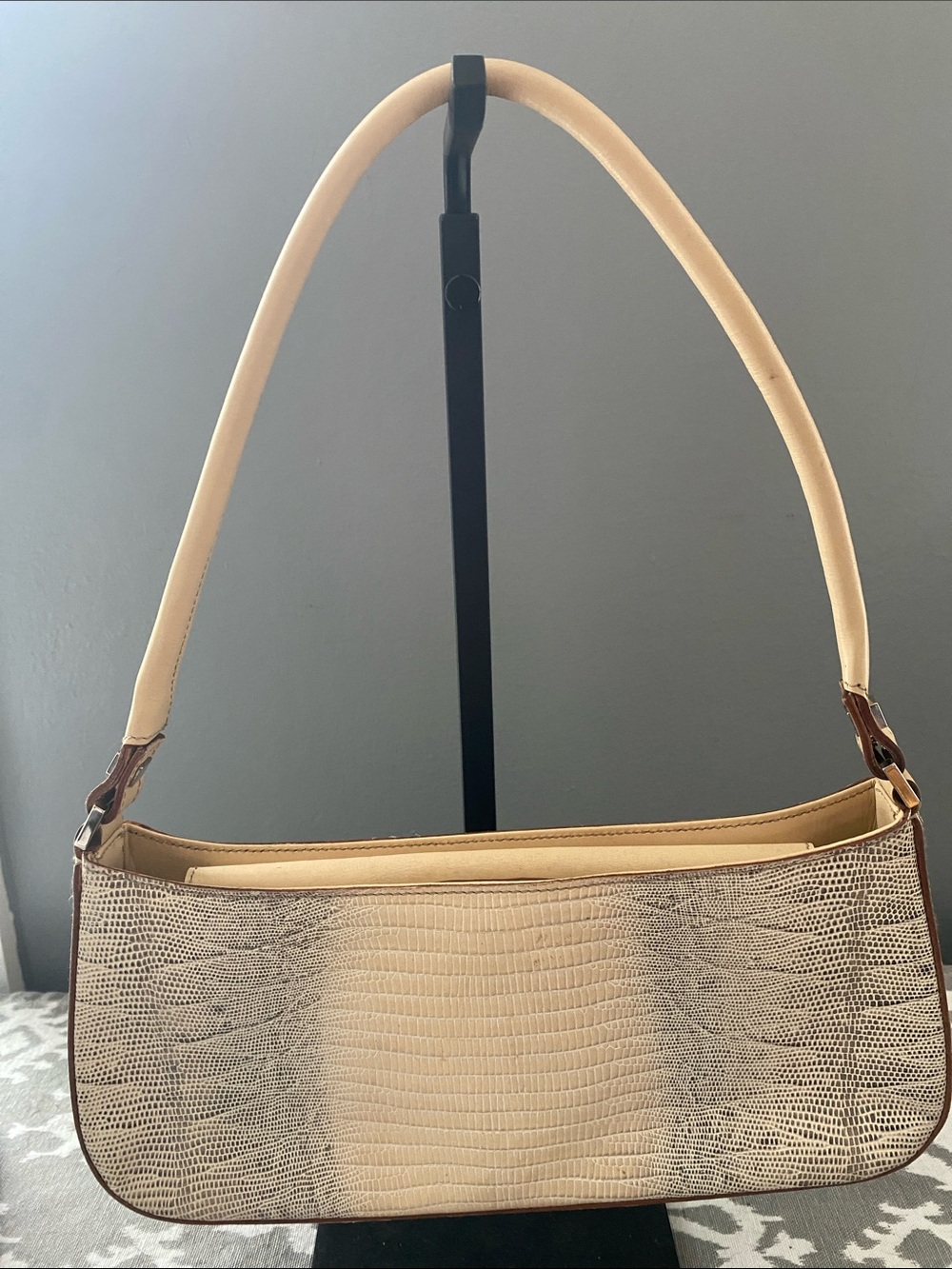 Salvatore Ferragamo Beige Lizard Embossed Calfskin Shoulder Bag